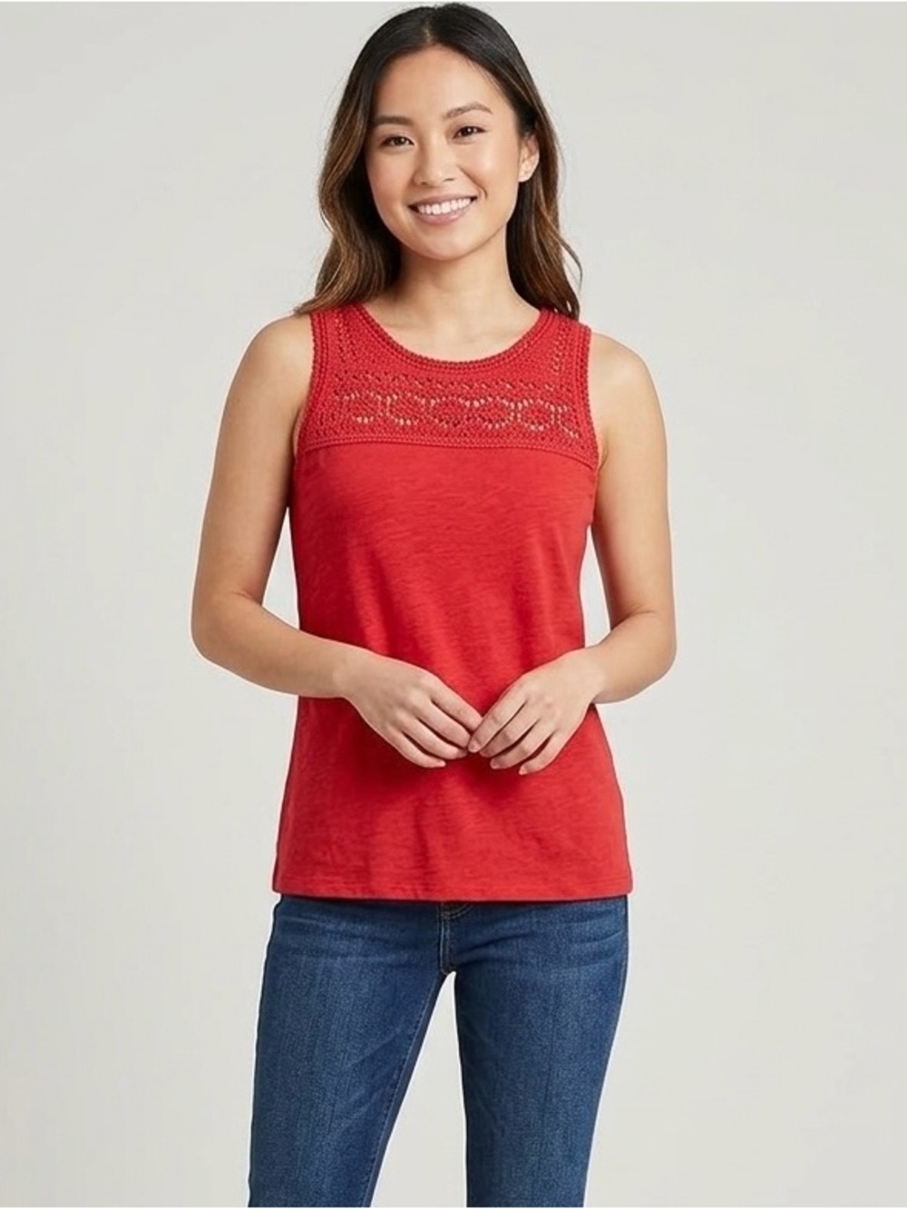 LOFT Red Crochet Lace Yoke Linen Blend Tank Top XSPM Petite Maternity Boho Knit